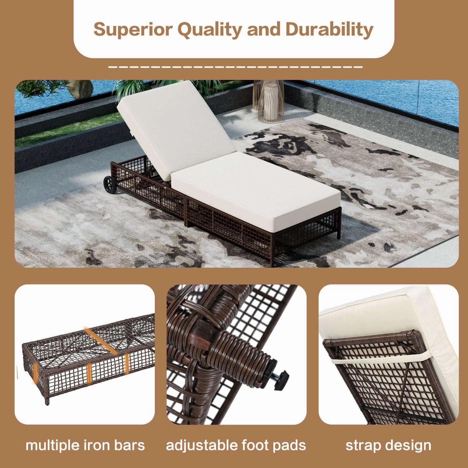 Streamdale Rattan Outdoor Chaise Lounge with Cushion & Wheels