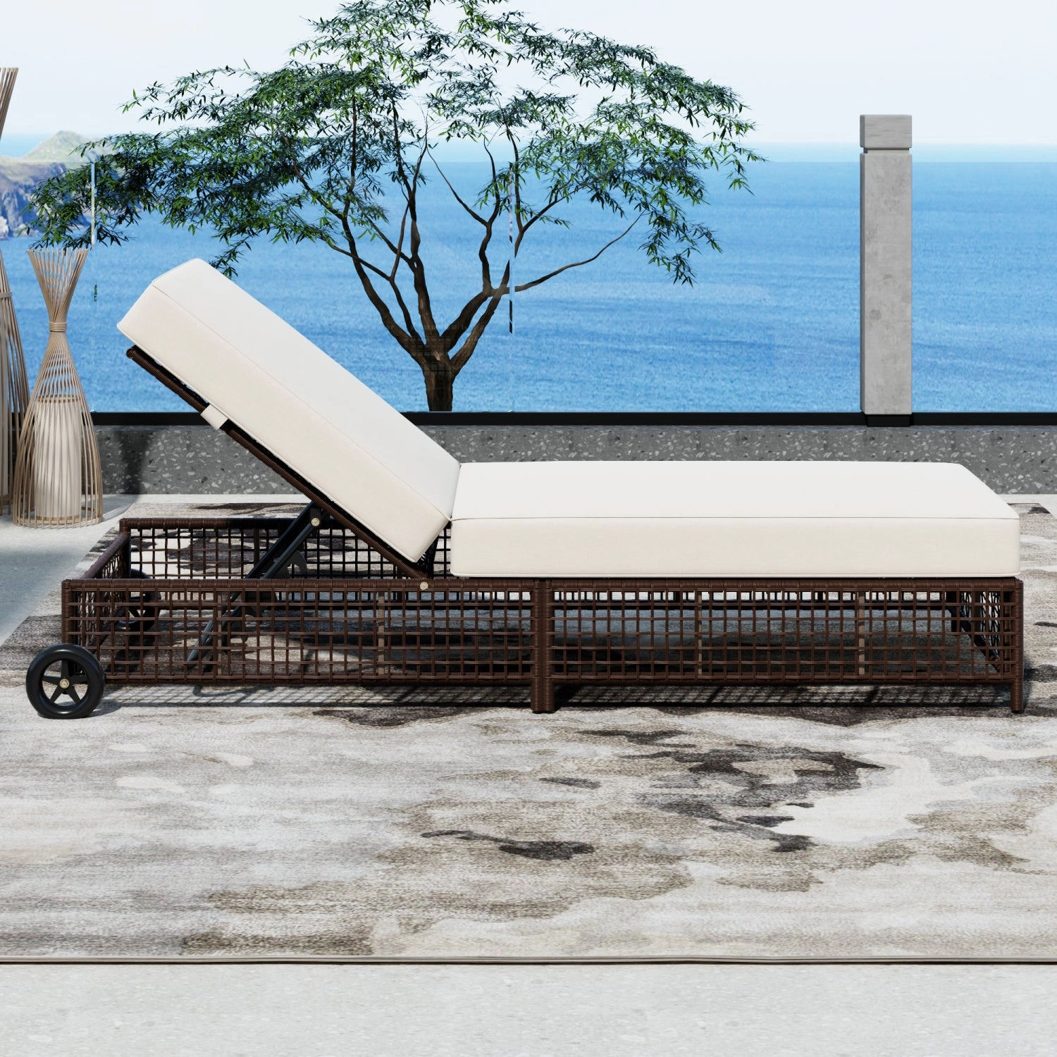 Streamdale Rattan Outdoor Chaise Lounge with Cushion & Wheels