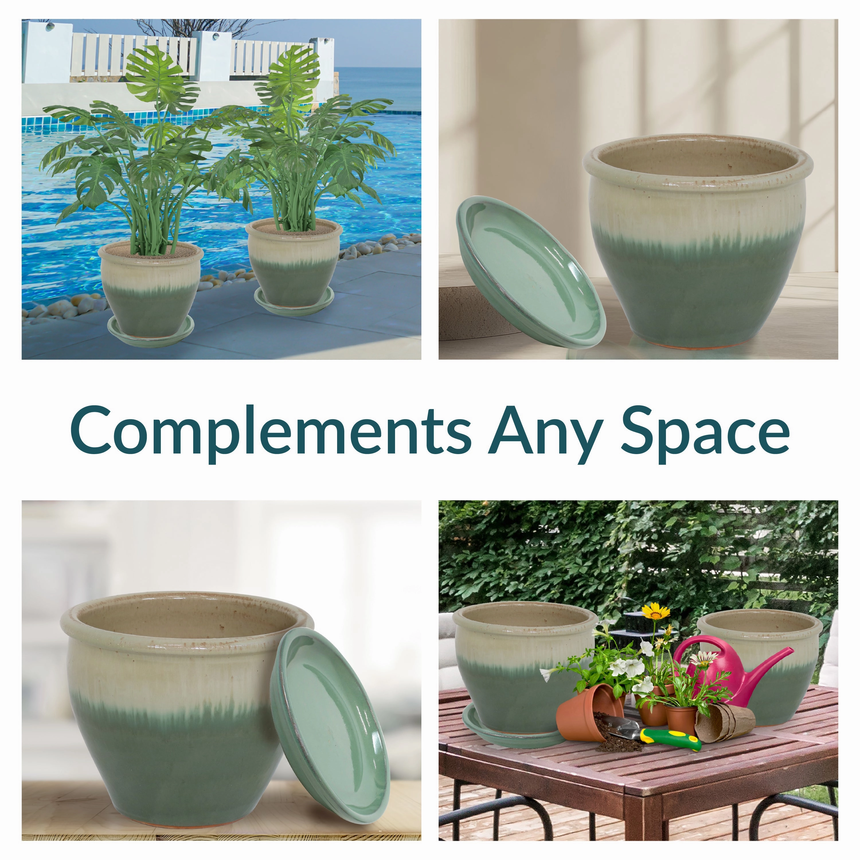Sunnydaze Chalet UV- and Frost-Resistant Ceramic Planters with Drainage Holes and Saucers