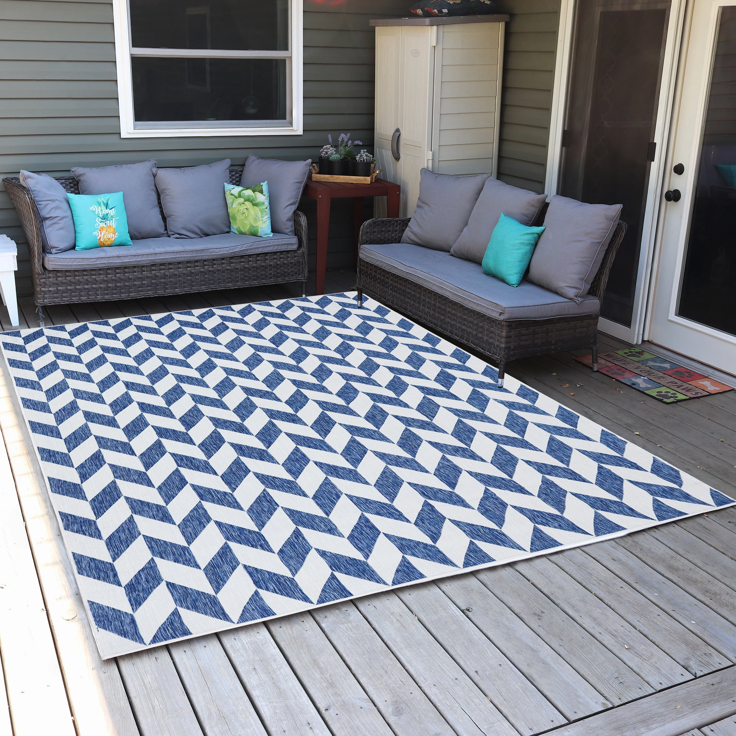 Sunnydaze Geometric Affinity Indoor and Outdoor Patio Area Rug in Steel Blue - 8 ft. x 10 ft.