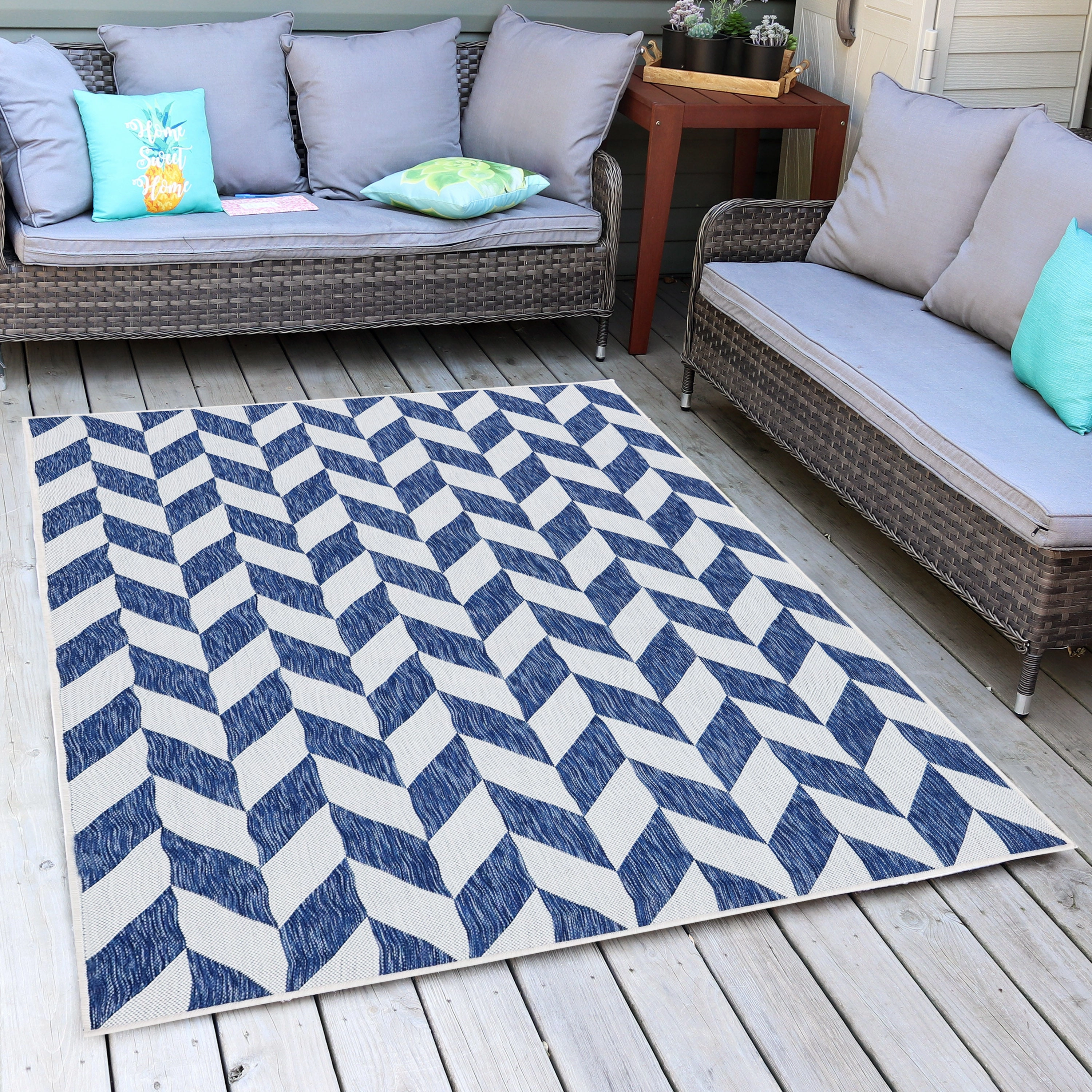 Sunnydaze Geometric Affinity Outdoor Patio Area Rug in Steel Blue - 5 ft. x 7 ft.