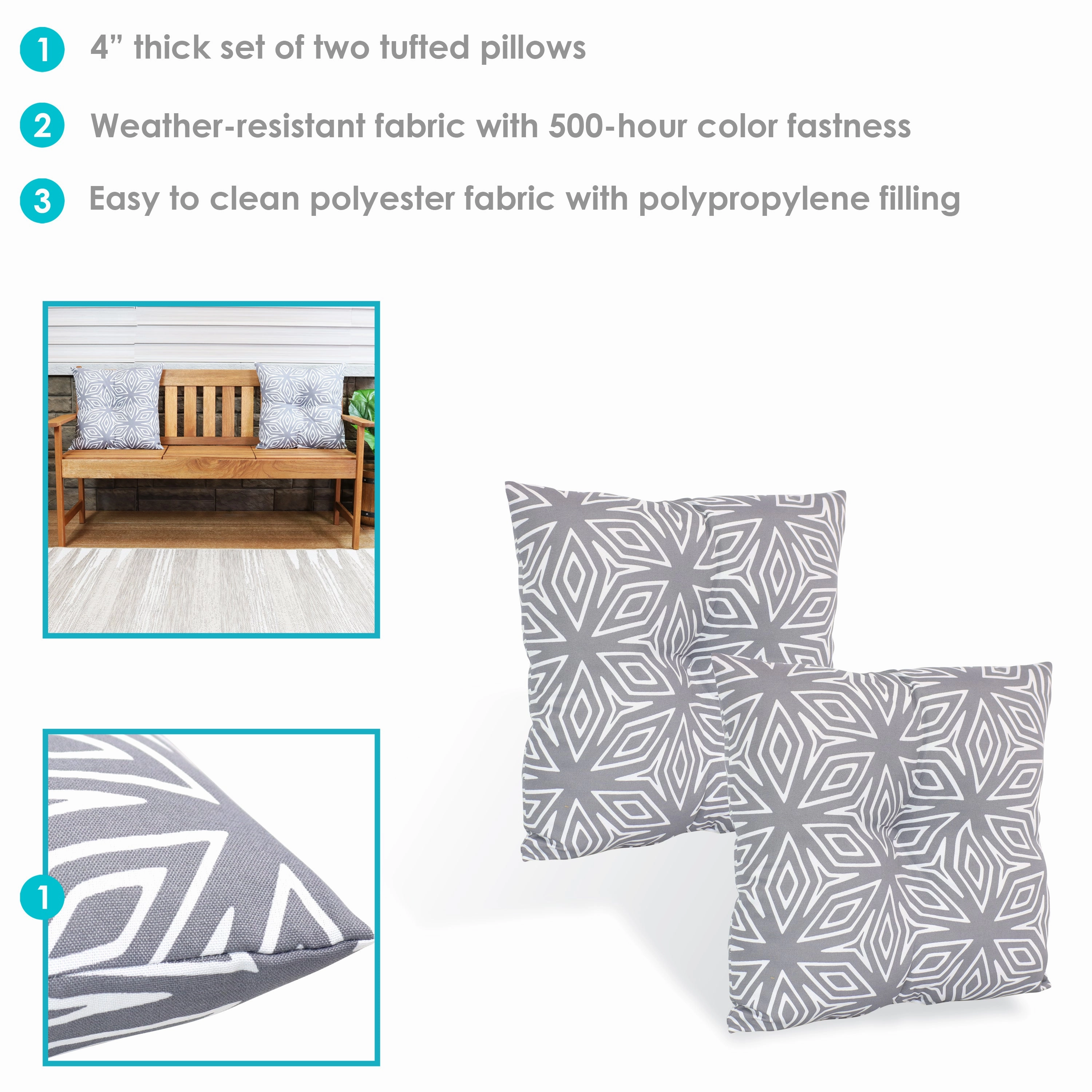 Sunnydaze Indoor/Outdoor Weather-Resistant Polyester Square Tufted Pillow with Zipper Closures - 19" - 2pk