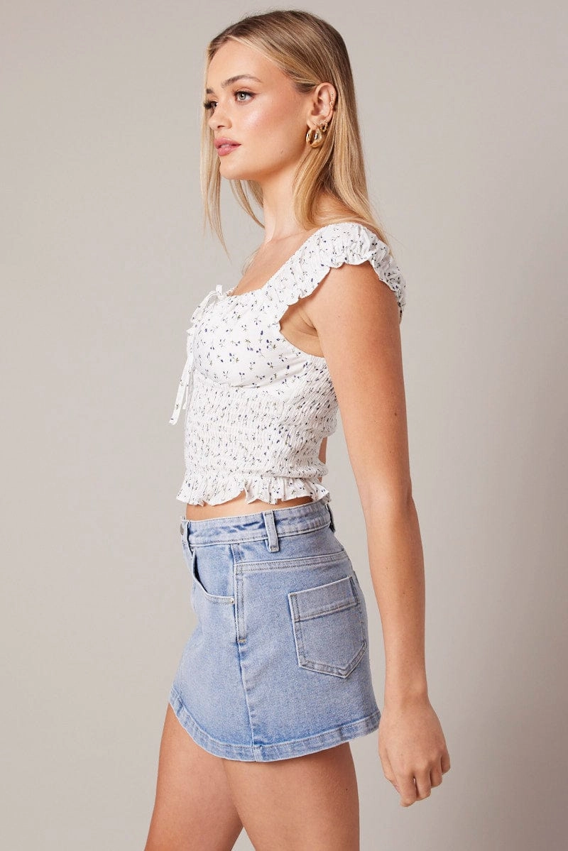 White Ditsy Puff Sleeve Top Short Sleeve