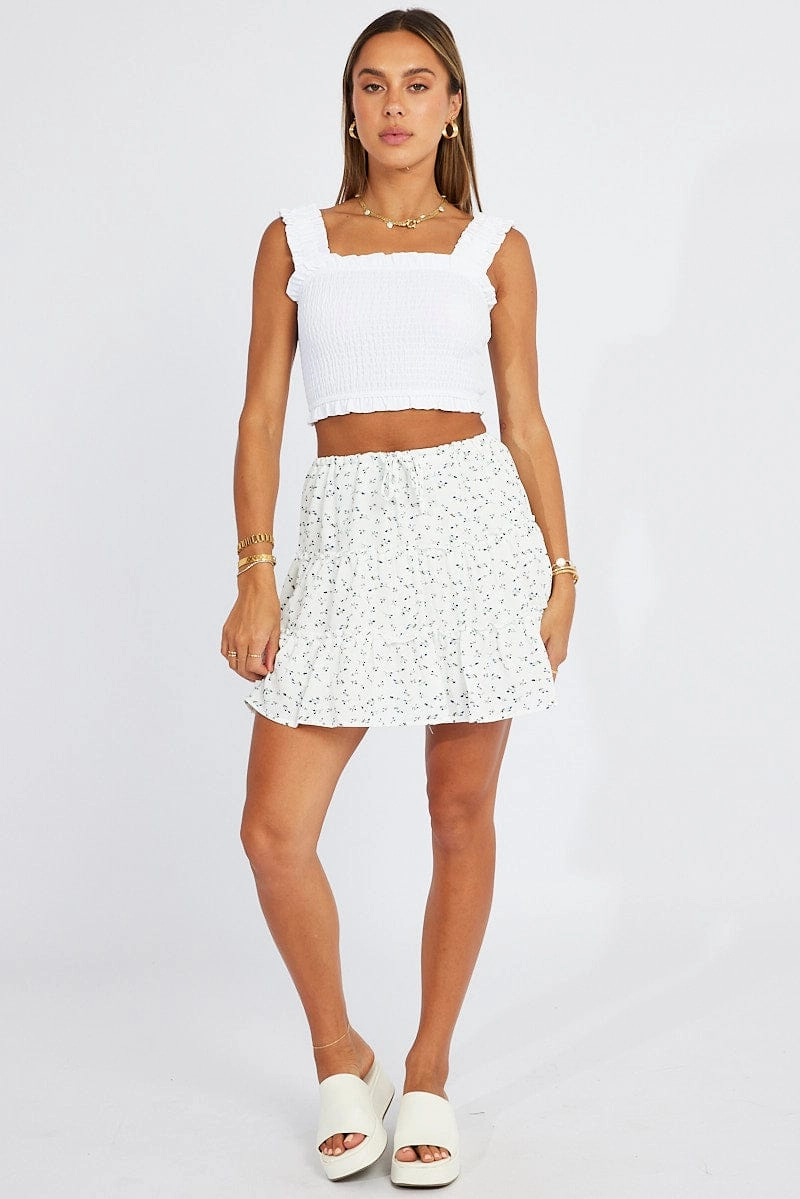 White Ditsy Skater Dress Tiered Mini