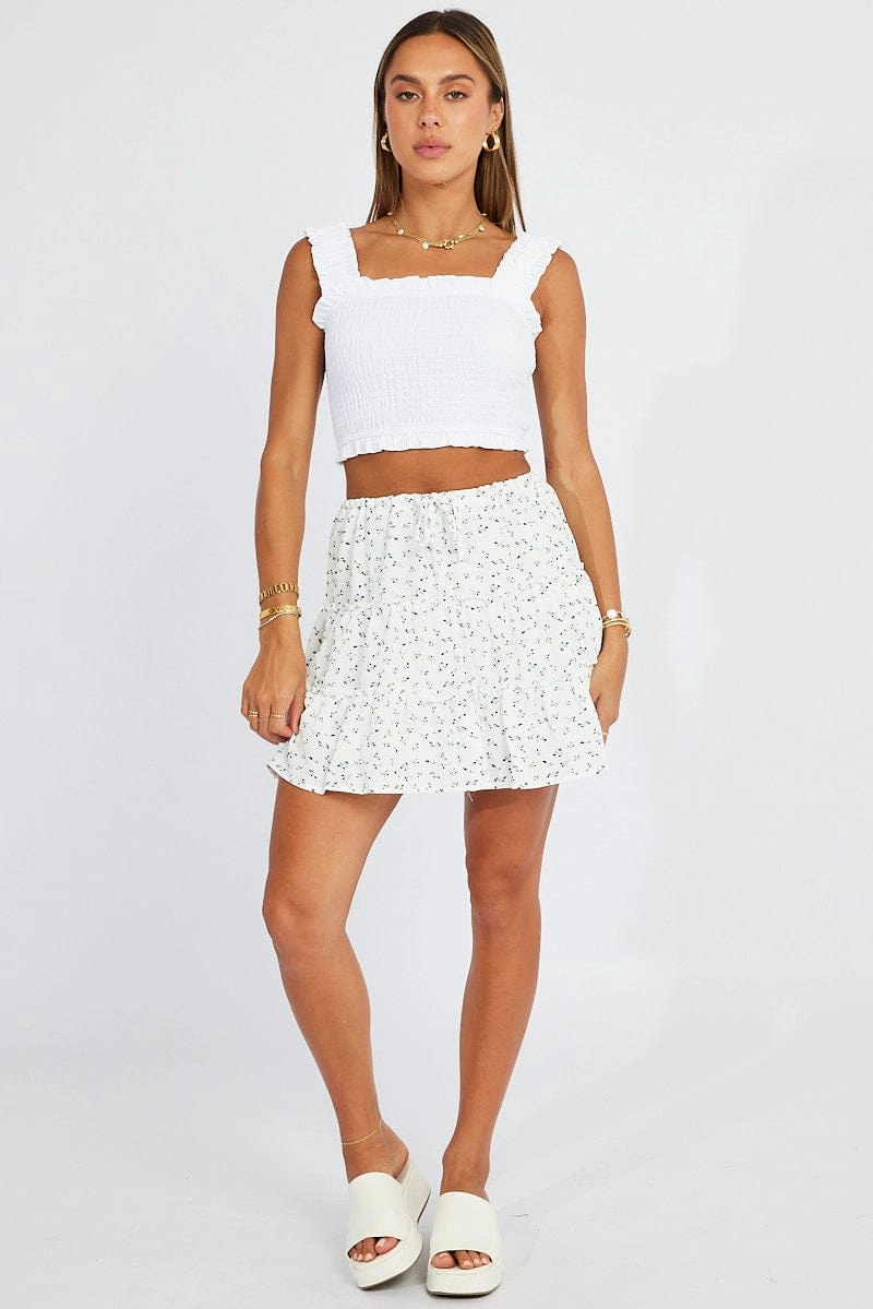 White Ditsy Skater Dress Tiered Mini
